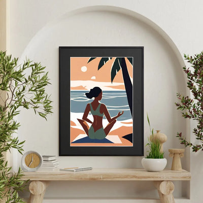 海辺で瞑想をする女性を描いたイラスト 『Serenity Flow』｜ Fancy Art Select｜ 穏やかな時間を感じる癒しのアート