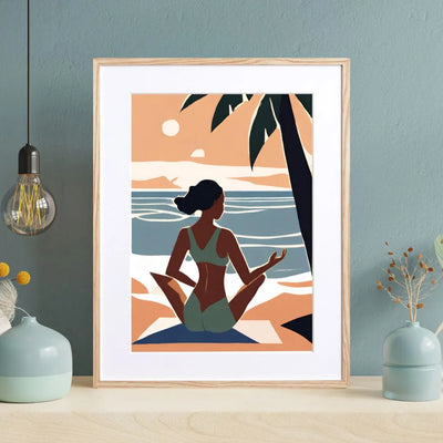 海辺で瞑想をする女性を描いたイラスト 『Serenity Flow』｜ Fancy Art Select｜ 穏やかな時間を感じる癒しのアート