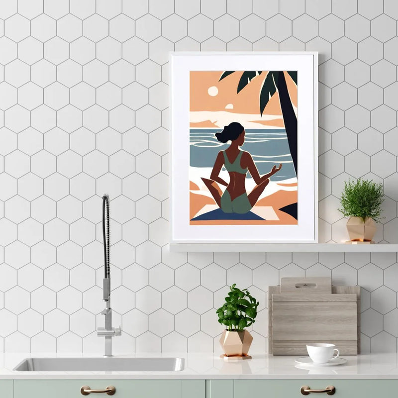 海辺で瞑想をする女性を描いたイラスト 『Serenity Flow』｜ Fancy Art Select｜ 穏やかな時間を感じる癒しのアート