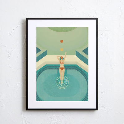 水辺の女性を描いた爽やかなアート『Summer Dive』｜ Fancy Art Select ｜リゾート感漂う空間やミッドセンチュリーなインテリアに