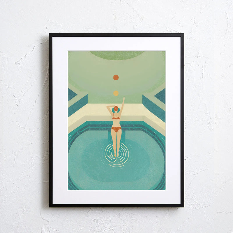 水辺の女性を描いた爽やかなアート『Summer Dive』｜ Fancy Art Select ｜リゾート感漂う空間やミッドセンチュリーなインテリアに