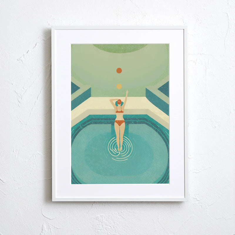 水辺の女性を描いた爽やかなアート『Summer Dive』｜ Fancy Art Select ｜リゾート感漂う空間やミッドセンチュリーなインテリアに