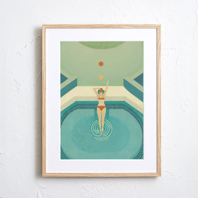 水辺の女性を描いた爽やかなアート『Summer Dive』｜ Fancy Art Select ｜リゾート感漂う空間やミッドセンチュリーなインテリアに