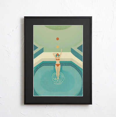 水辺の女性を描いた爽やかなアート『Summer Dive』｜ Fancy Art Select ｜リゾート感漂う空間やミッドセンチュリーなインテリアに