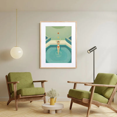 水辺の女性を描いた爽やかなアート『Summer Dive』｜ Fancy Art Select ｜リゾート感漂う空間やミッドセンチュリーなインテリアに