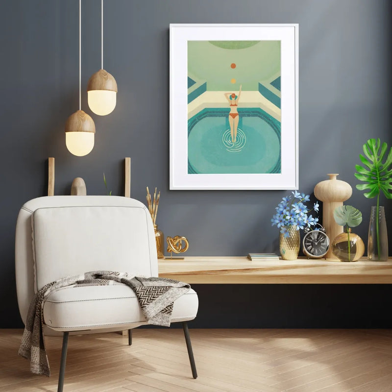 水辺の女性を描いた爽やかなアート『Summer Dive』｜ Fancy Art Select ｜リゾート感漂う空間やミッドセンチュリーなインテリアに