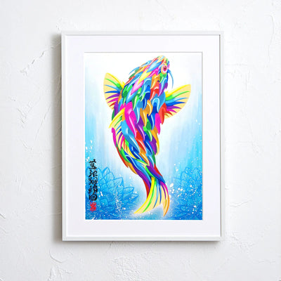 蓮池から跳ね上がる虹色の鱗の鯉を描いたアート『蓮池翔鱗図』｜縁起の良さそうな和モダンイラスト