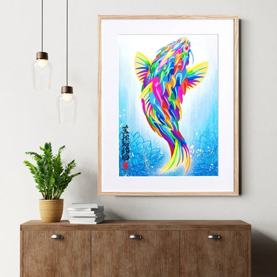 蓮池から跳ね上がる虹色の鱗の鯉を描いたアート『蓮池翔鱗図』｜縁起の良さそうな和モダンイラスト