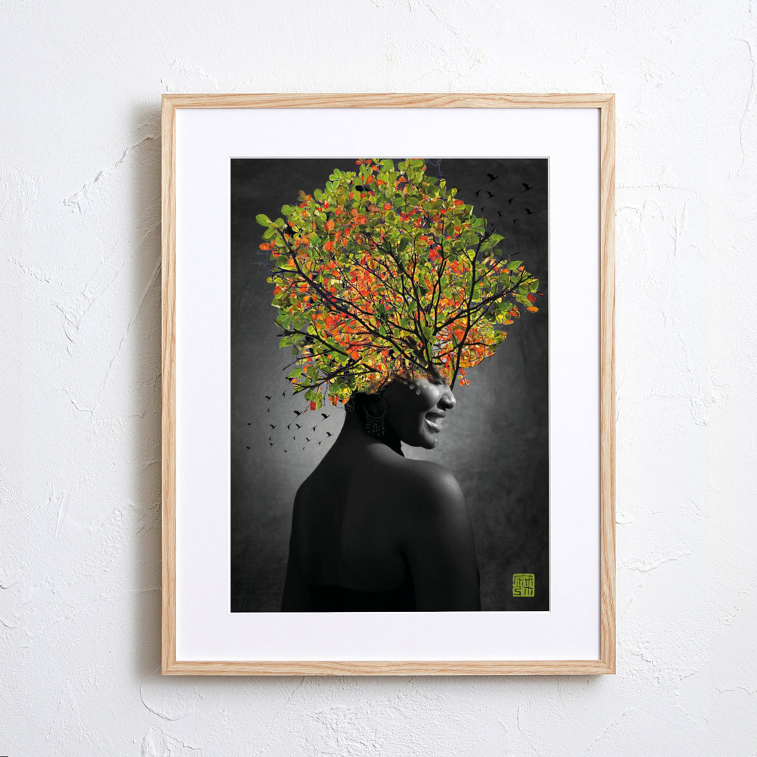 美しい木々の自然と女性が融合する幻想的なコラージュアート