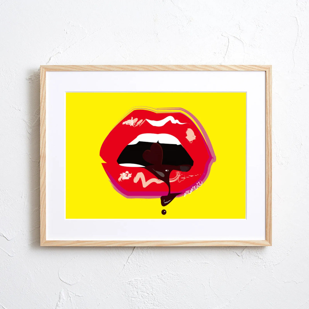 鮮烈な赤リップとハートのチョコがとろけ出すポップアートポスター