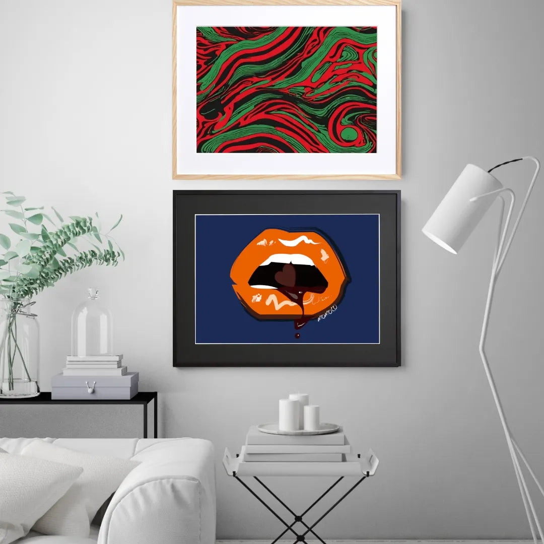 オレンジの唇とネイビーの色が刺激的なポップアートポスター『Lip Ⅲ