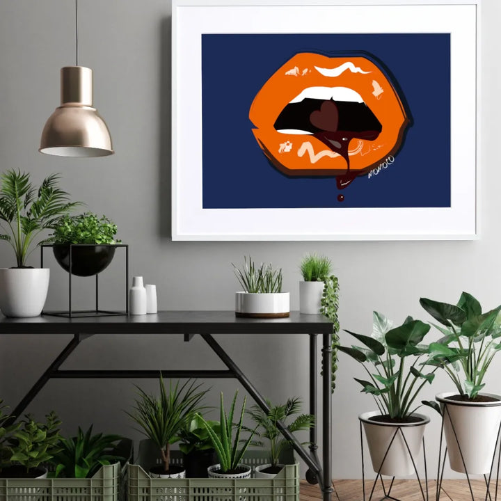 オレンジの唇とネイビーの色が刺激的なポップアートポスター『Lip Ⅲ