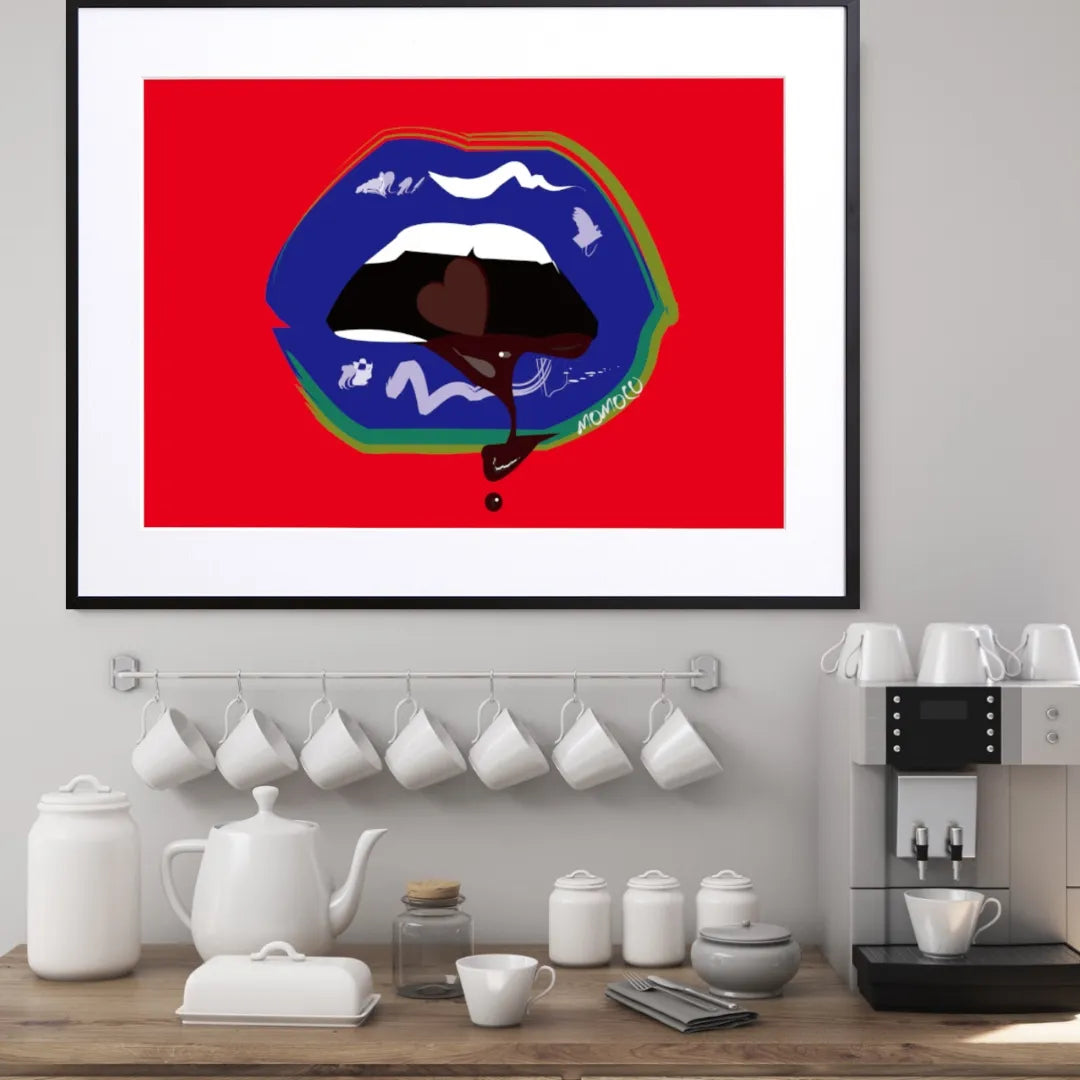 青い唇×レッド背景が映えるポップアートポスター『Lip Ⅳ』｜刺激と