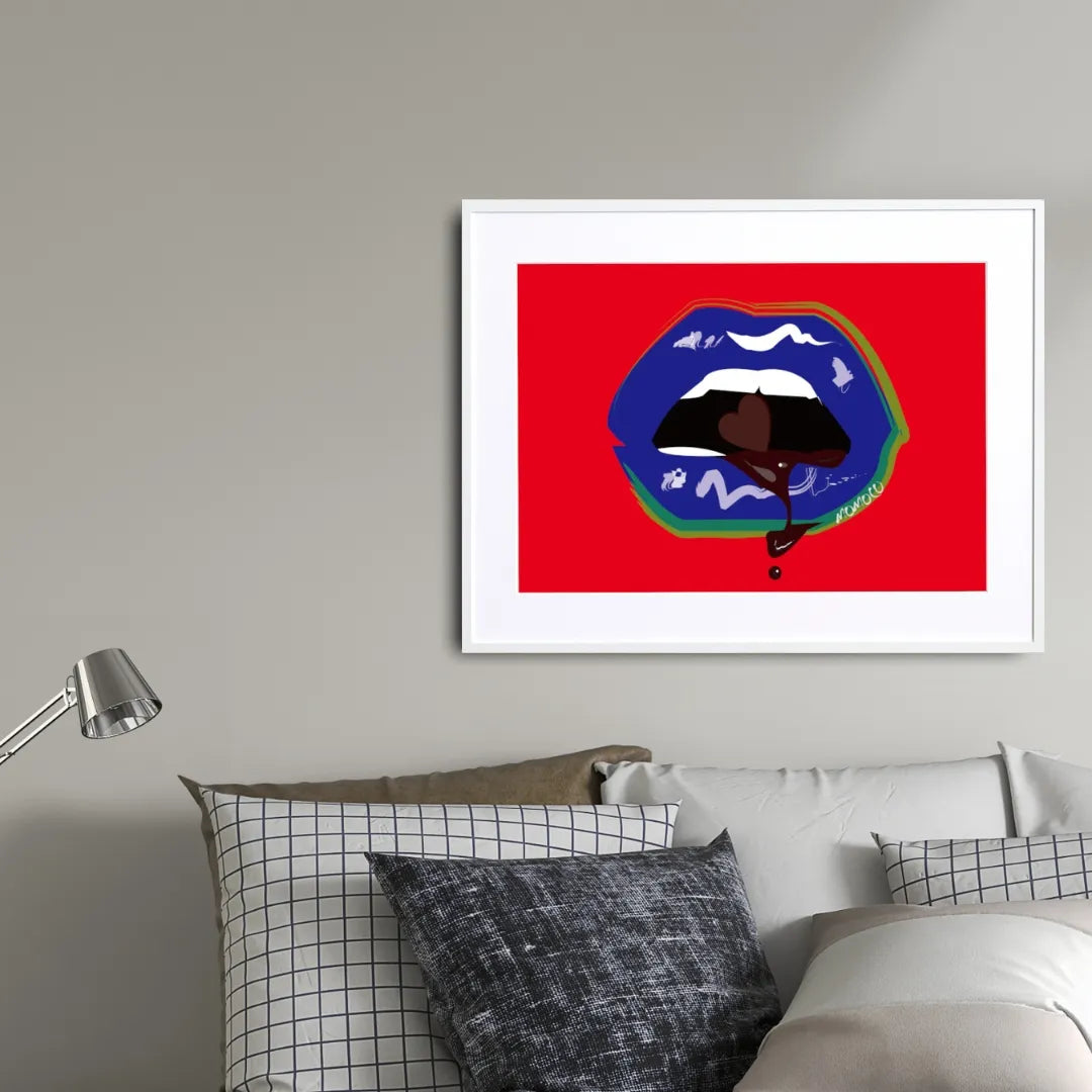 青い唇×レッド背景が映えるポップアートポスター『Lip Ⅳ』｜刺激と