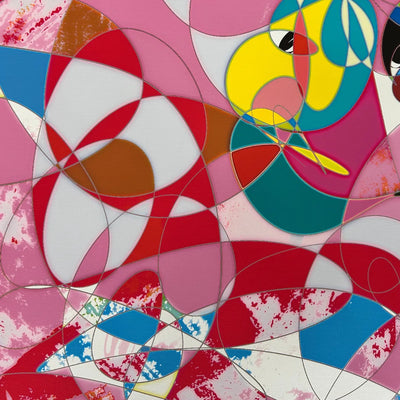 ピンクとカラフルな渦の中で夢を追いかける幻想的アート『夢の中で何かを追いかけている』｜TAKUROMAN｜夢と混沌が重なる視覚的な世界が印象的