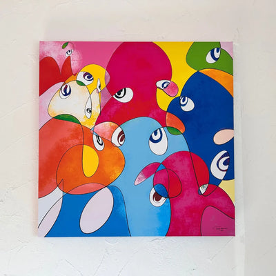 色鮮やかなキャラクターたちの目線が交差するポップな現代アート『 Friends Ⅱ』｜TAKUROMAN｜ ユーモラスで元気が出る抽象画