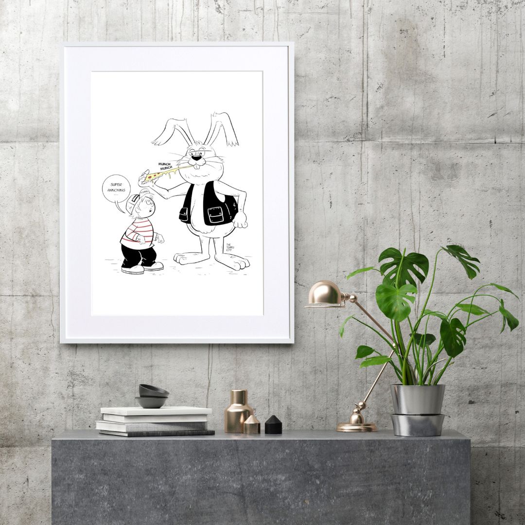 ウサギと子供とのやりとりがユーモア溢れるモノクロアートポスター「う