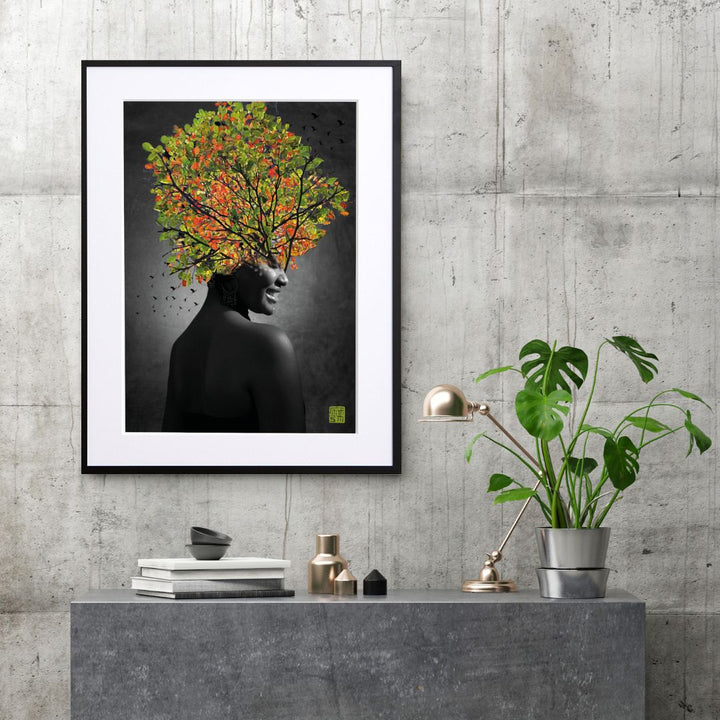 美しい木々の自然と女性が融合する幻想的なコラージュアート