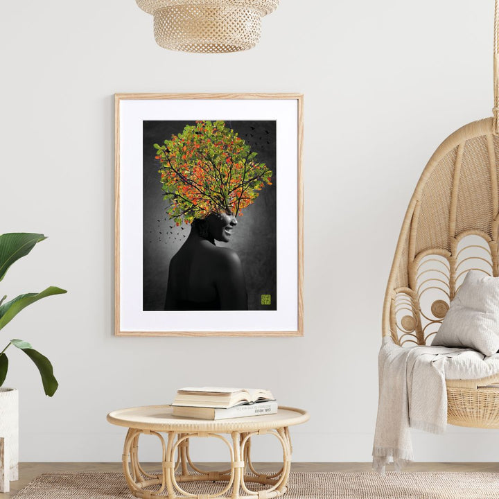 女性の肖像 木版画 金色フレーム 美しい木々の自然と女性が融合する幻想的なコラージュアート