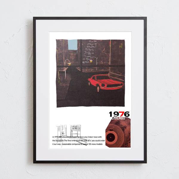 レコードとクラシックカーを描いたアートポスター「1976年」｜Ken Sakamoto作｜ヴィンテージ風でレトロなデザイン