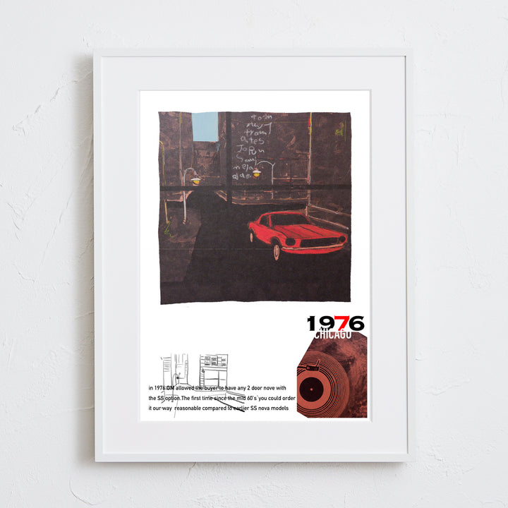 レトロな音楽カルチャー、赤いクラシックカーを描いたアートポスター