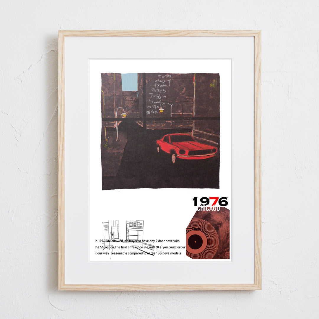 レトロな音楽カルチャー、赤いクラシックカーを描いたアートポスター