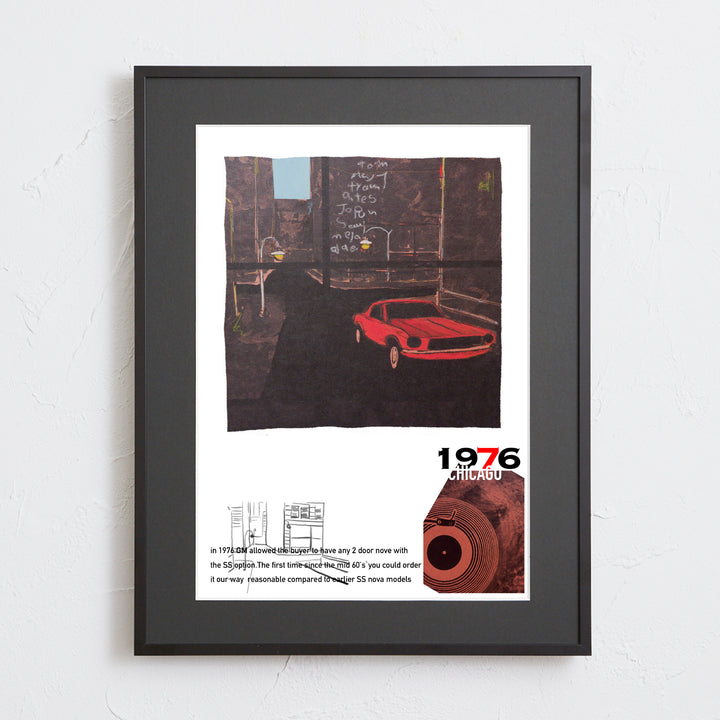 レトロな音楽カルチャー、赤いクラシックカーを描いたアートポスター