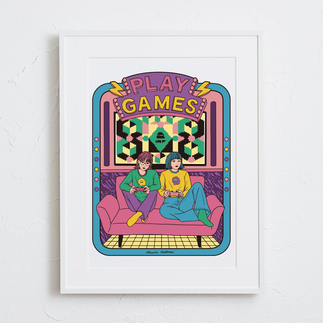 TVゲームを楽しむレトロポップなイラストアートポスター「PLAY GAMES
