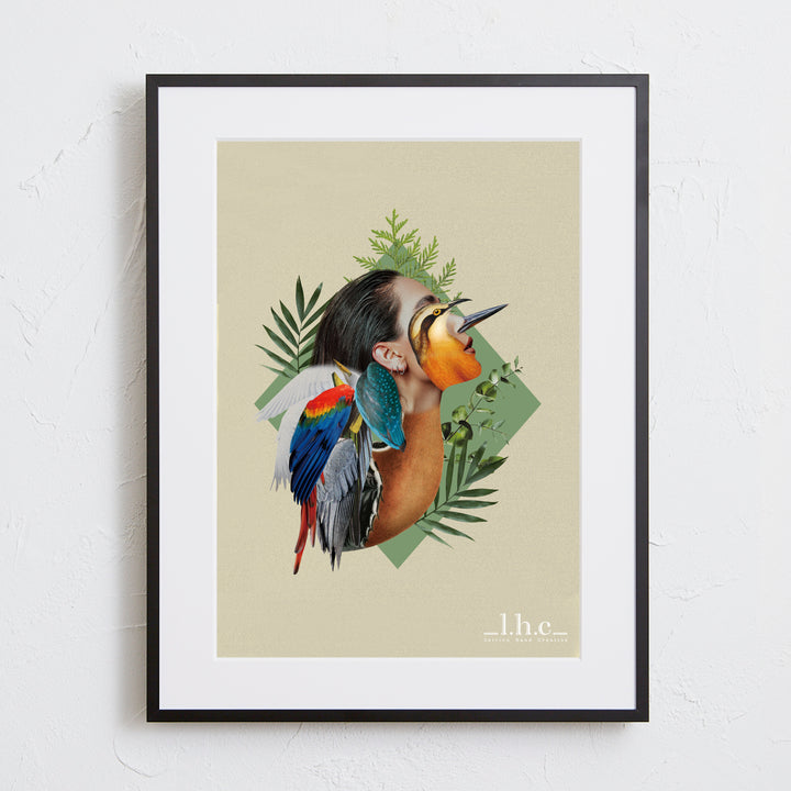 インコと女性の融合が描かれたボタニカルコラージュアート「Future